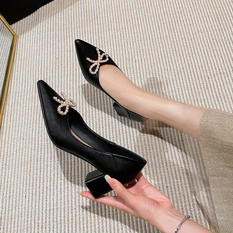 Women's Mid Heel Pearl Bow Slip-On Pumps Work Heels