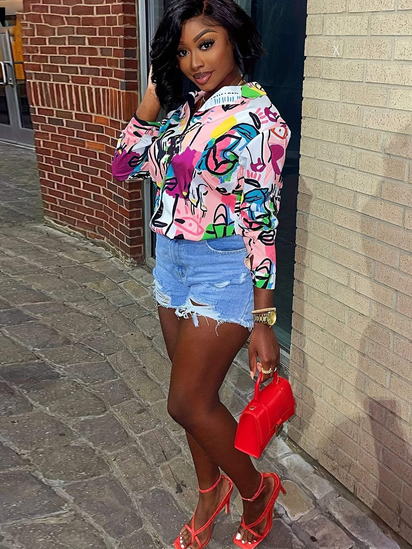  Abstract Print Button Up Long Sleeve Blouse