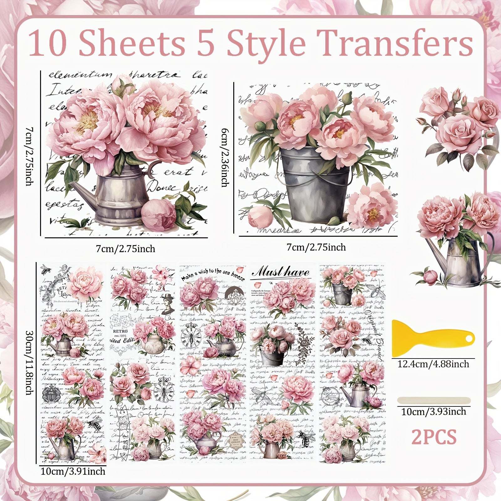 10 Sheets Vintage Peony Flower Rub On Stickers for DIY Scrapbooking