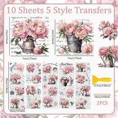 10 Sheets Vintage Peony Flower Rub On Stickers for DIY Scrapbooking
