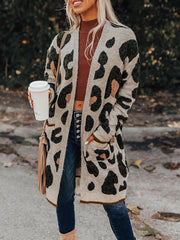  Leopard Print Open Front Cardigan with Pockets