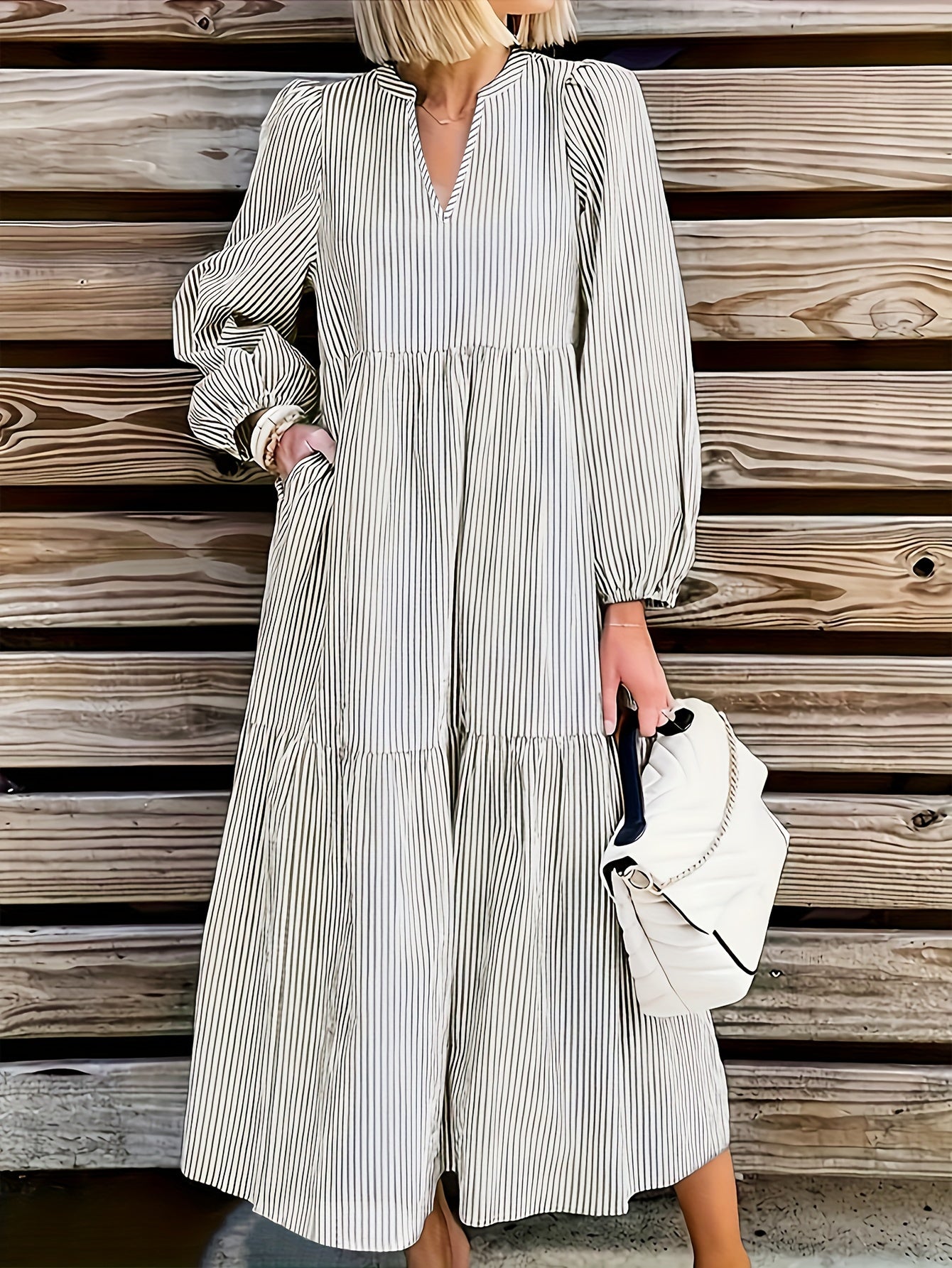  Stripe Print Lantern Sleeve Notched Neck Smock Maxi Dress