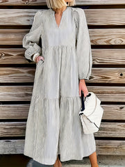  Stripe Print Lantern Sleeve Notched Neck Smock Maxi Dress