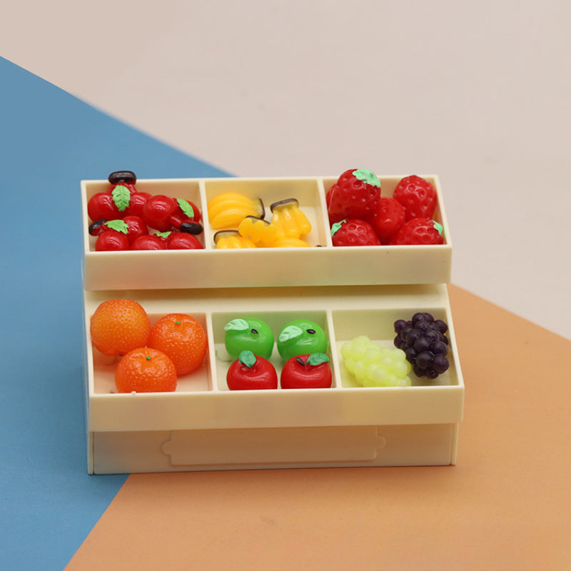 2 Tier Dollhouse Fruit Snack Shelf Dark Brown Plastic Model with Colorful Fruits