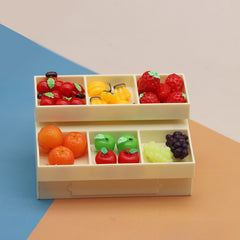 2 Tier Dollhouse Fruit Snack Shelf Dark Brown Plastic Model with Colorful Fruits