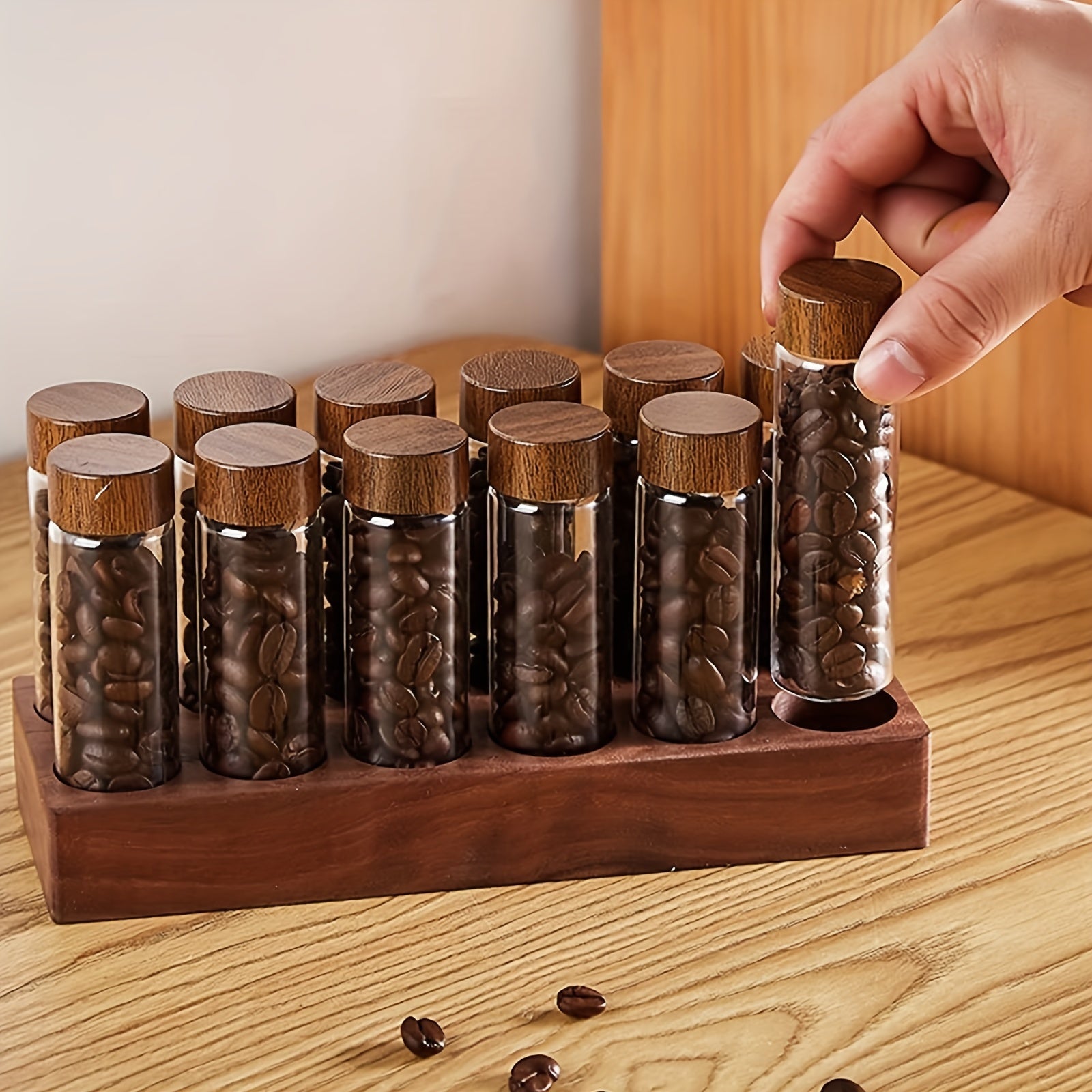 12pcs DIY Coffee Bean Storage Tubes Single Dose Wooden Cellar Display Stand