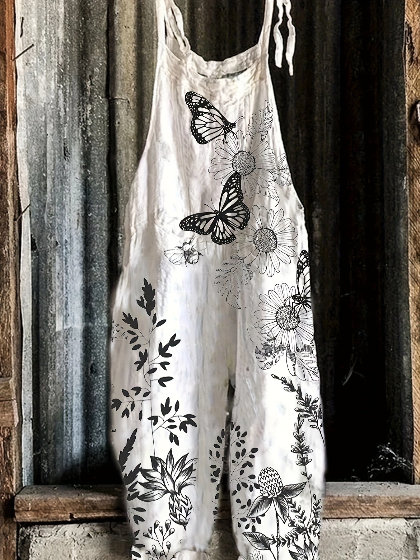  Retro Butterfly Print Wide Leg Jumpsuit