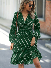 Polka Dot Ruffle Dress V Neck Long Sleeve Loose Fit Summer Women's Clothing