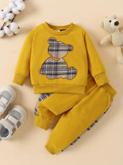 Baby Plaid Bear Embroidery Set Sweatshirt Tops Pants