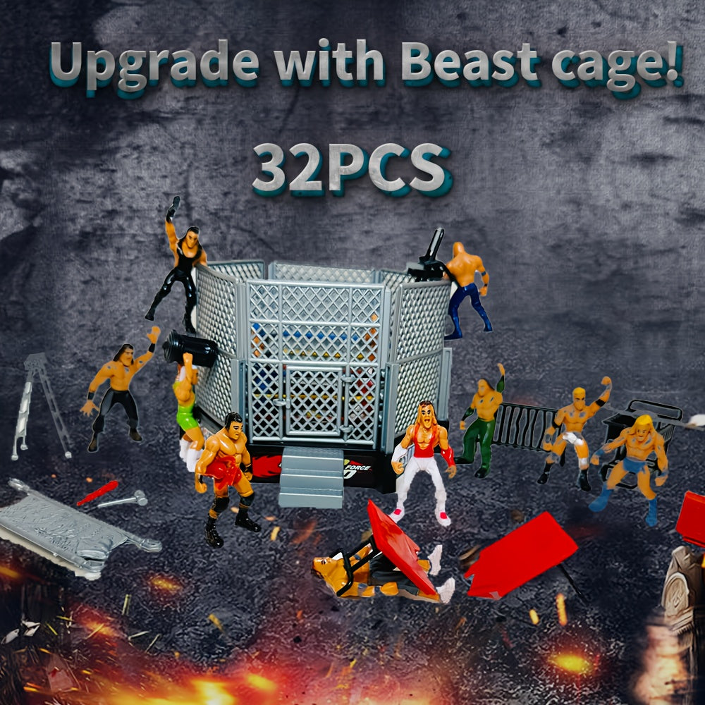 32 Mini Wrestling Action Figures with 12 Male Wrestlers and Beast Cage