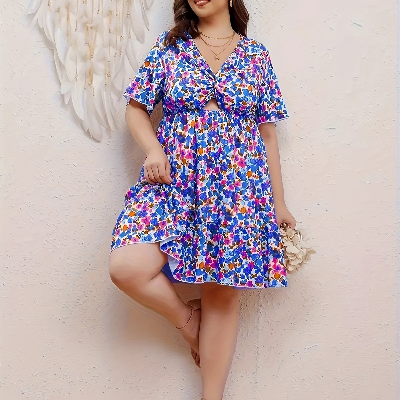  Ditsy Floral Print Butterfly Sleeve A Line Dress