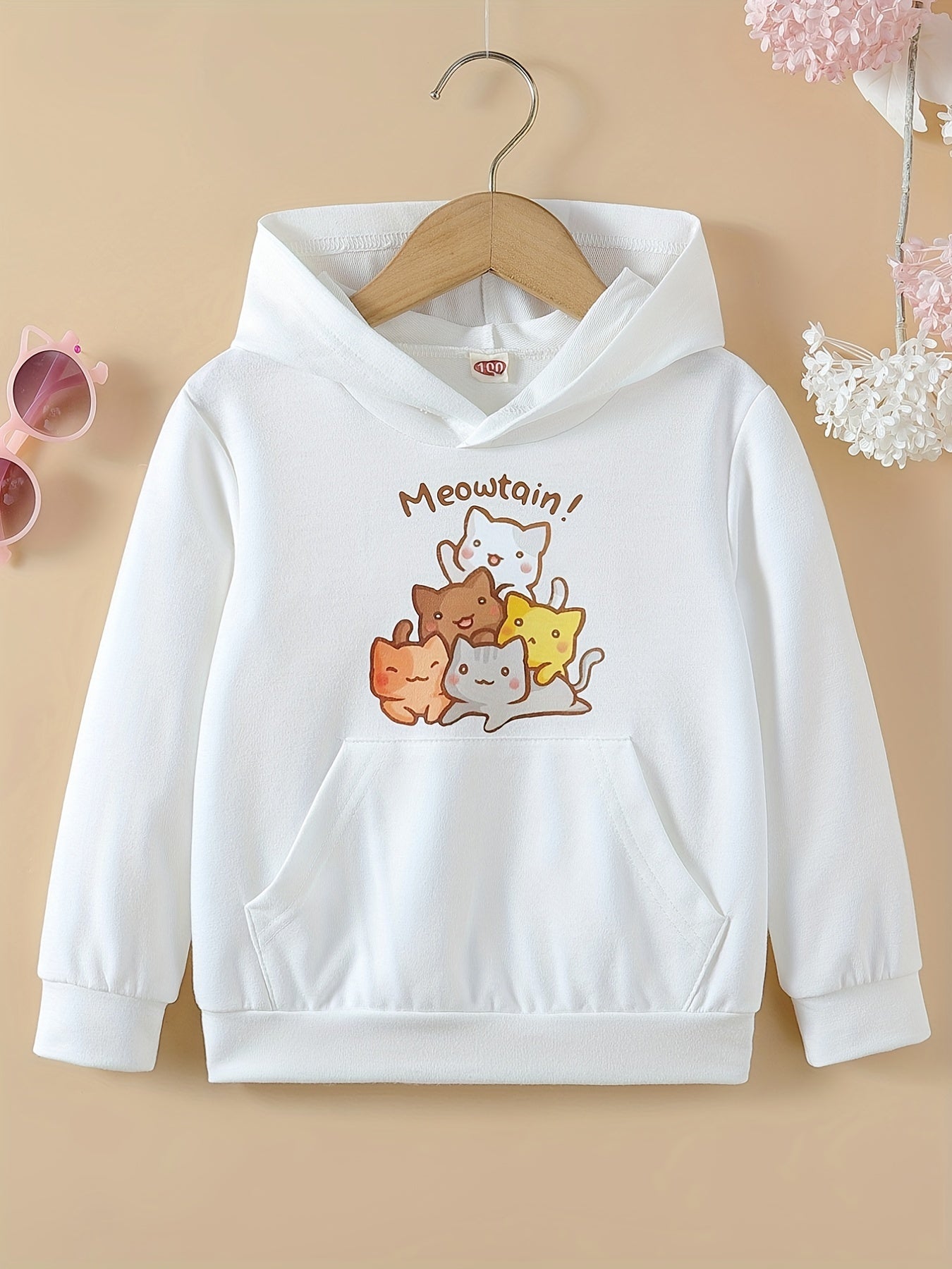 Girls Cat Print Hooded Pullover Sweatshirt