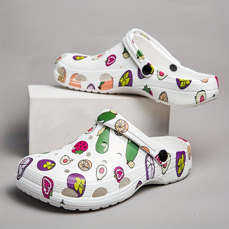Women's Fruit Pattern Clogs Slip On Round Toe Platform Summer Pillow Slides