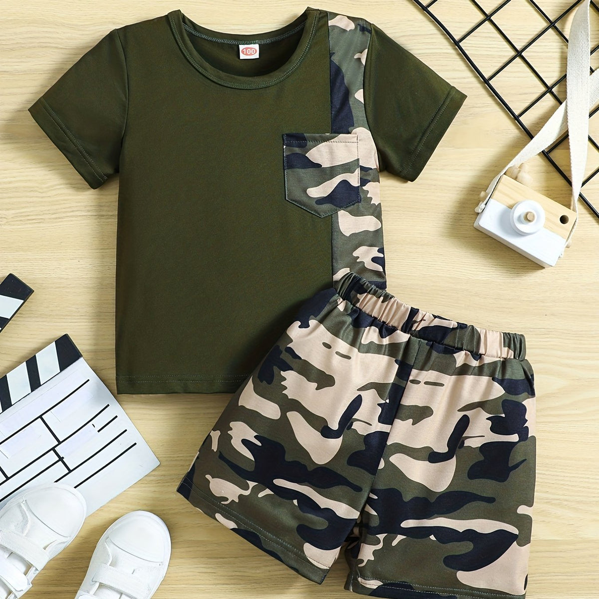 Boys Camo Outfit Short Sleeves Round Neck T shirt & Shorts Casual Summer Kids