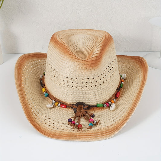 Boho Chain Decor Cowboy Hat Vintage Distressed Western Straw Sun Hat