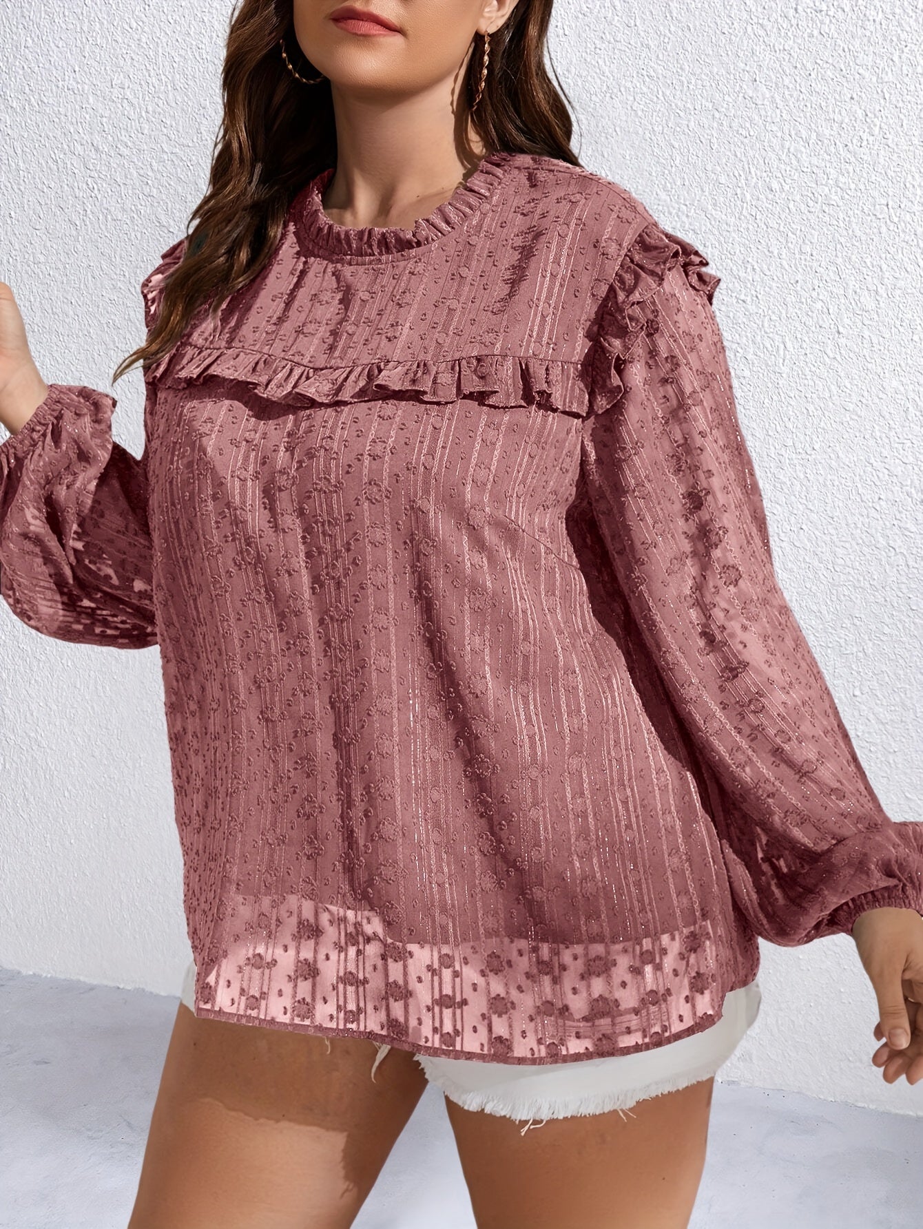  Floral Embroidery Mesh Layered Lantern Sleeve Top
