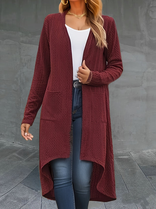  Solid Jacquard Open Front Cardigan With Pockets