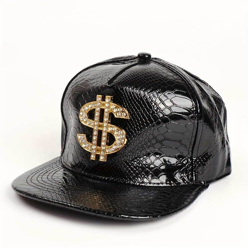 Leather Hip Hop Flat Brim Hat Dollar Point Drill Crocodile Print Baseball Cap