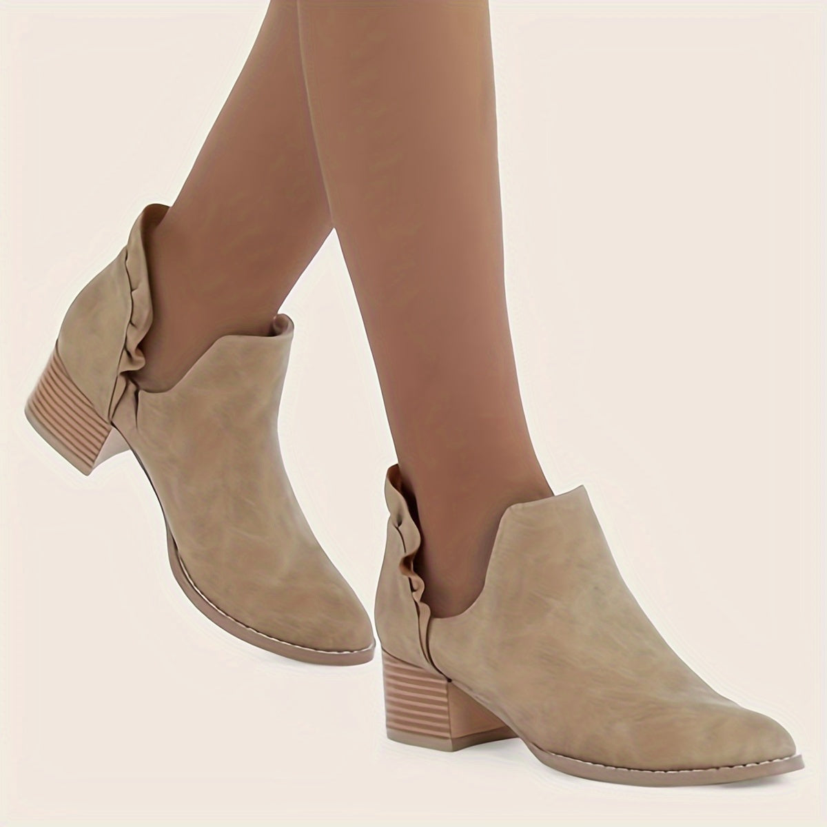 Women's Ruffle Cutout Ankle Boots, Chunky Stacked Heel Slip On