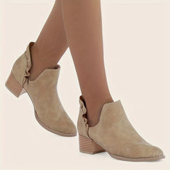 Women's Ruffle Cutout Ankle Boots, Chunky Stacked Heel Slip On