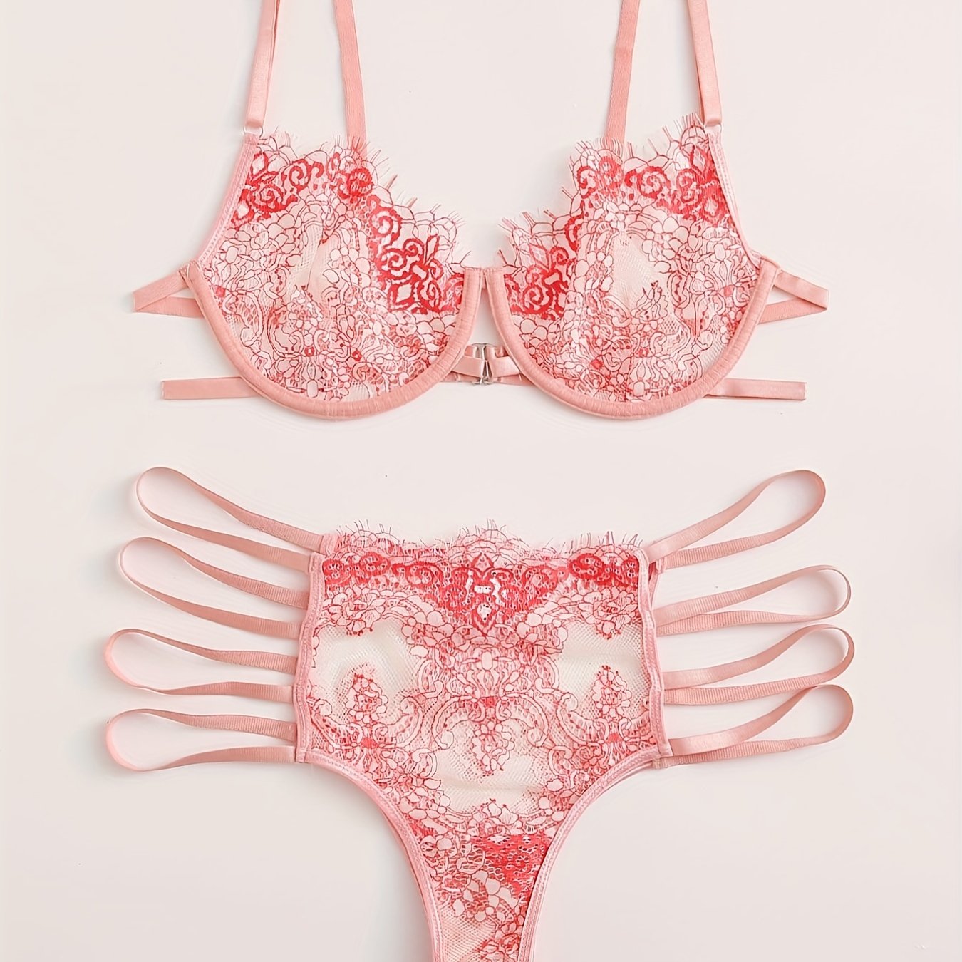  Floral Lace Cut Out Strappy Bra & Panty Lingerie Set