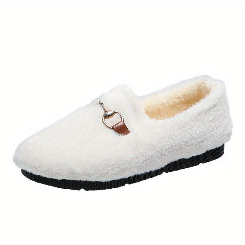 Women's Metal Decor Flat Loafers Plush Lined Shoes