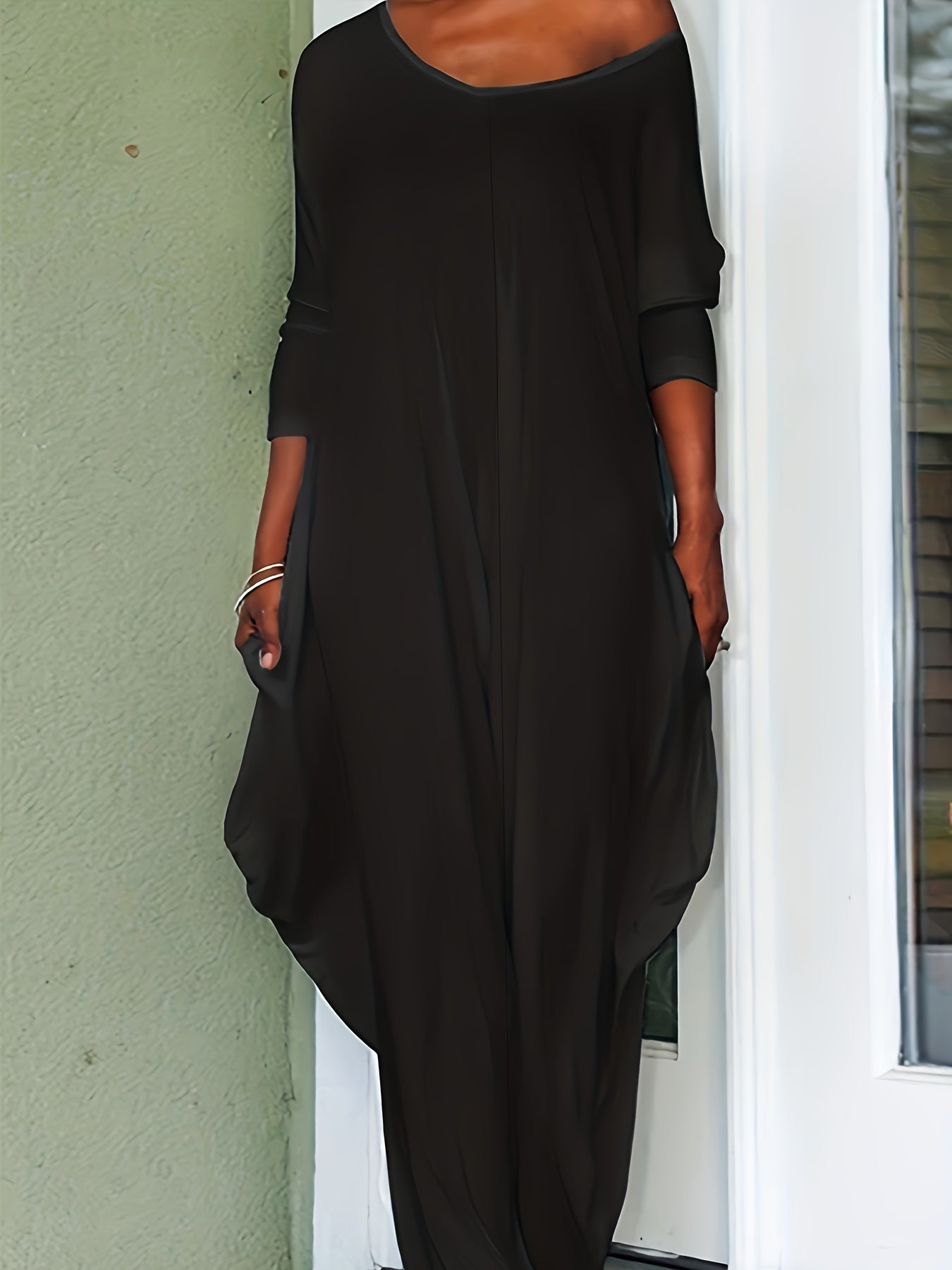 Backless Solid Jumpsuit Slanted Shoulder Long Length