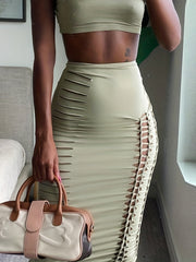 Sexy Solid Slim Two piece Skirt Set Crop Cami Top & Cut Out Skirt