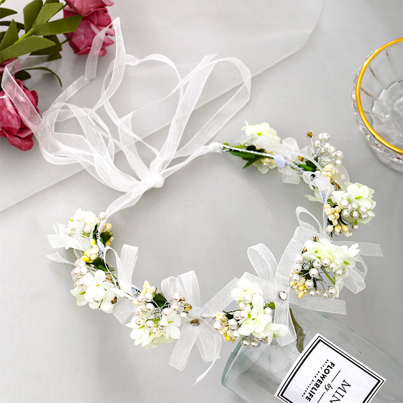 Girls Flower Headband with Faux Pearl Decoration for Wedding Party
