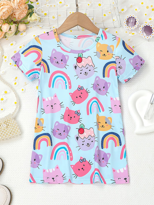 Girls Cats & Rainbows Straight T Shirt Dress Lounge Vacation Casual
