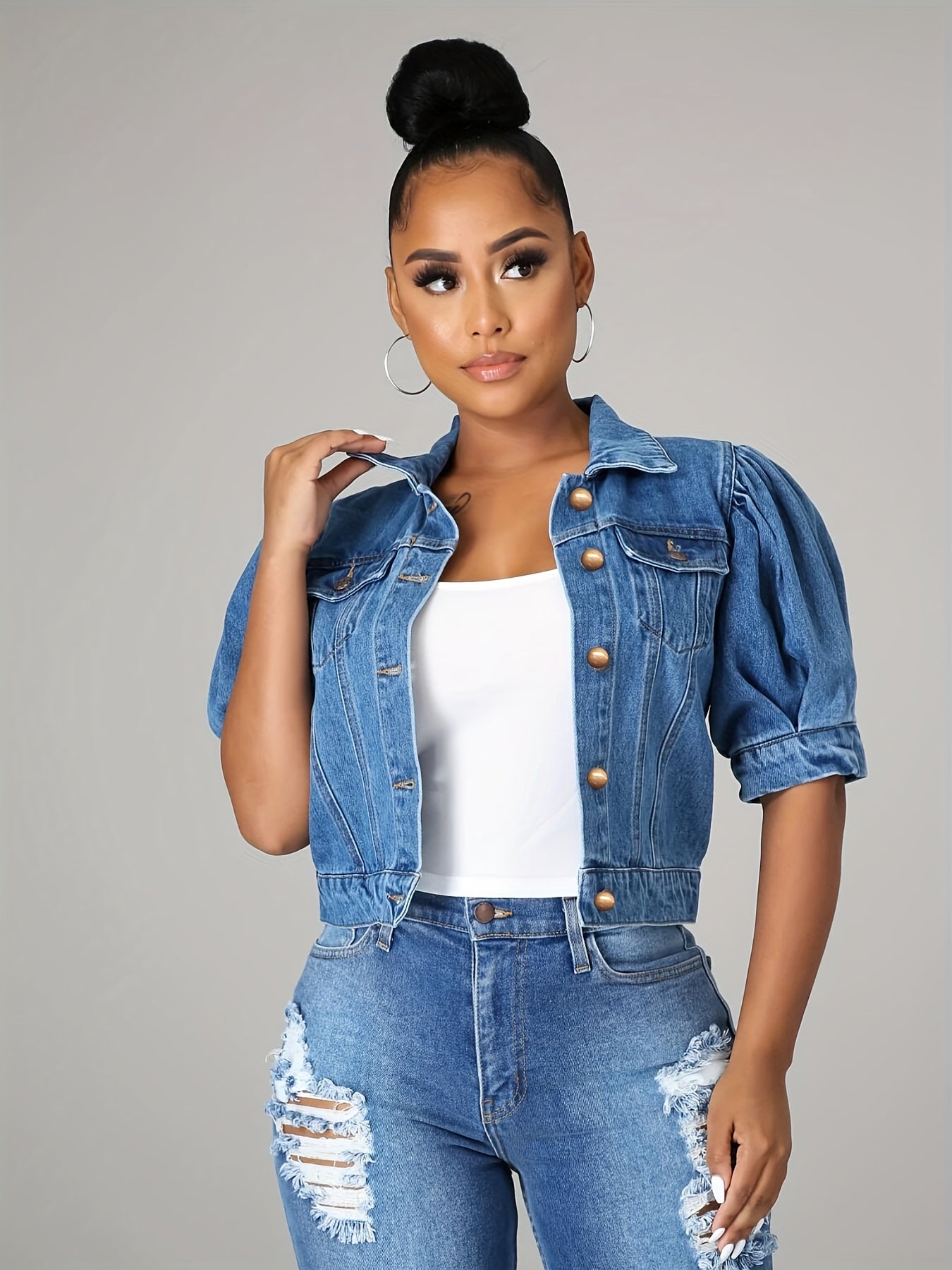 Short Sleeves Denim Jacket with Flap Pockets
