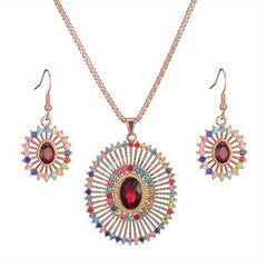 Sun Ray Pendant Necklace & Earrings Set Inlaid Gems Gift