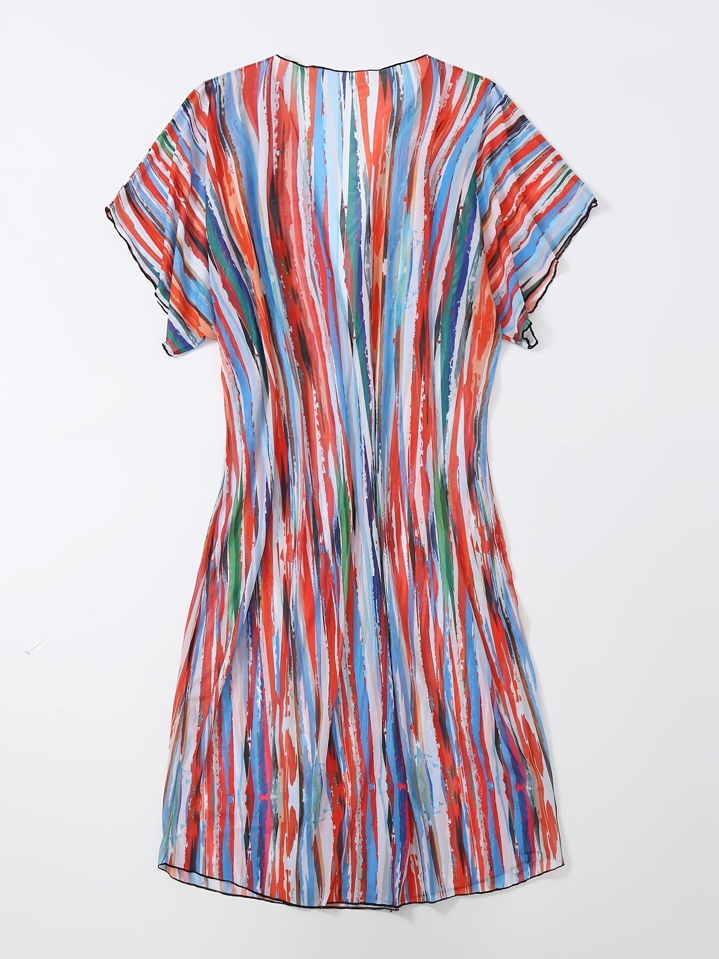 Striped Graffiti Sheer Kaftan V Neck Cover Up Dress Beachwear Kimono