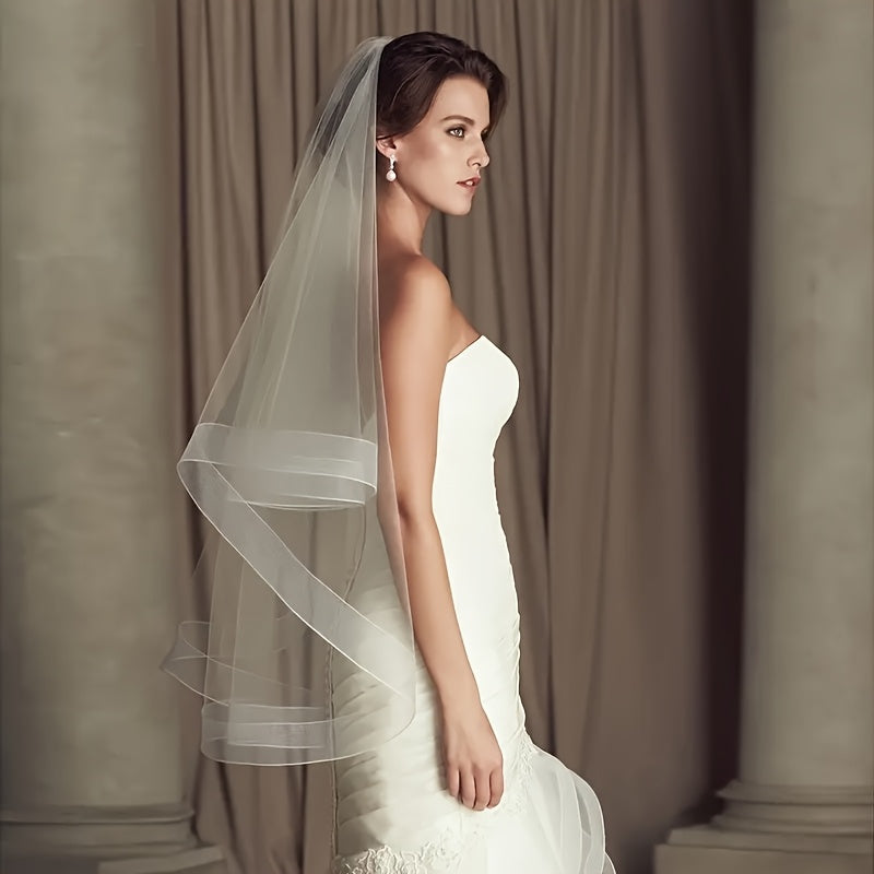 Double Layer Bridal Veil with Comb Stretchable Nylon Wedding Accessory Tulle