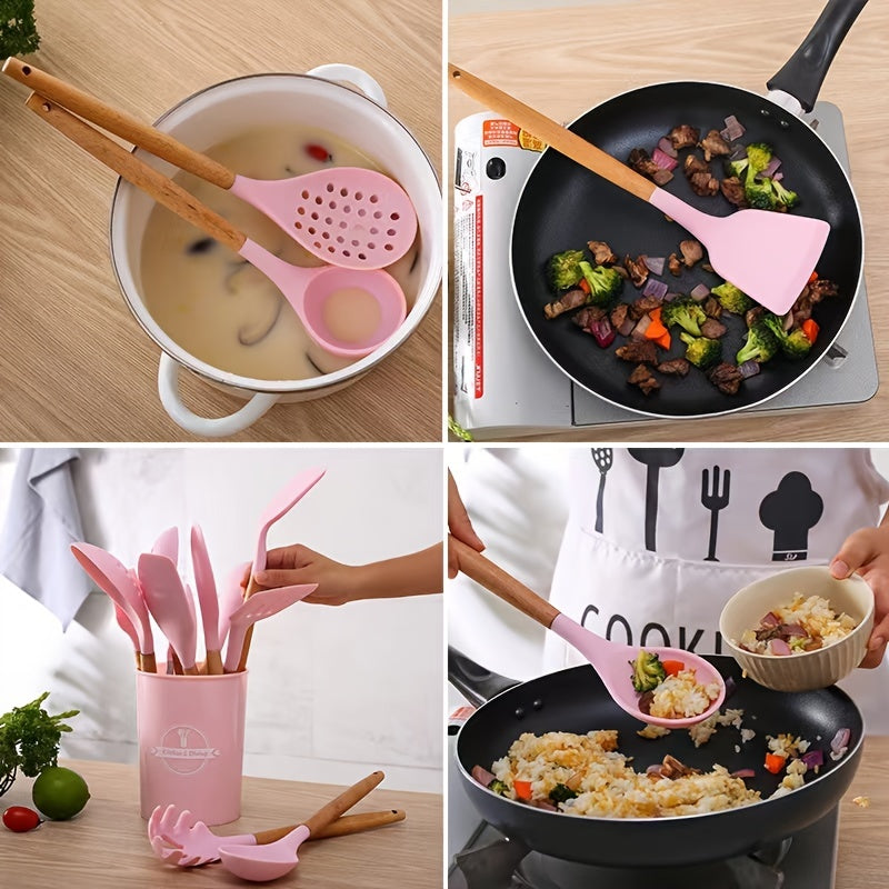 12pcs Silicone Kitchen Utensils Set with Wooden Handle and Storage Bucket