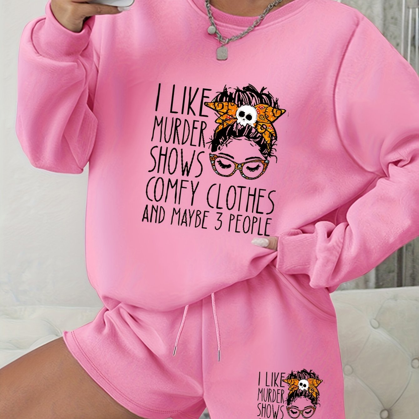  2pcs Set Women's Plus Letter & Graphic Print Sweatshirt & Shorts