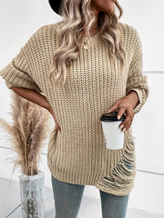  Solid Ripped Long Sleeve Round Neck Jumper