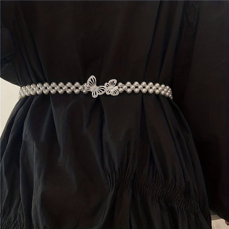 Butterfly Waist Chain Bowknot Faux Pearl Belt Elastic Women's Waist Chain