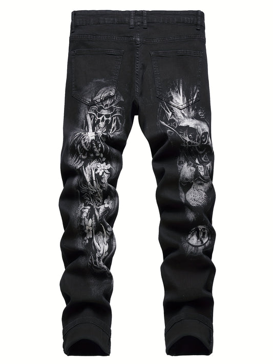 Men's Skull Pattern Washed Jeans Outdoor Pants