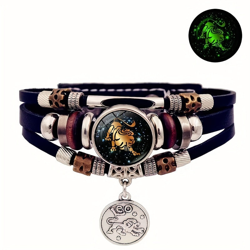 12 Zodiac Luminous Leather Bracelet Multilayer Beaded Hand Jewelry