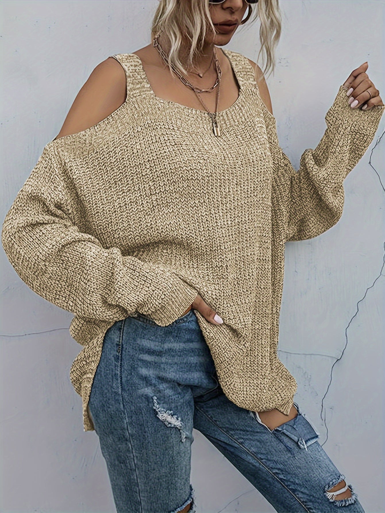  Solid Cold Shoulder Long Sleeve Sweater