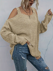  Solid Cold Shoulder Long Sleeve Sweater