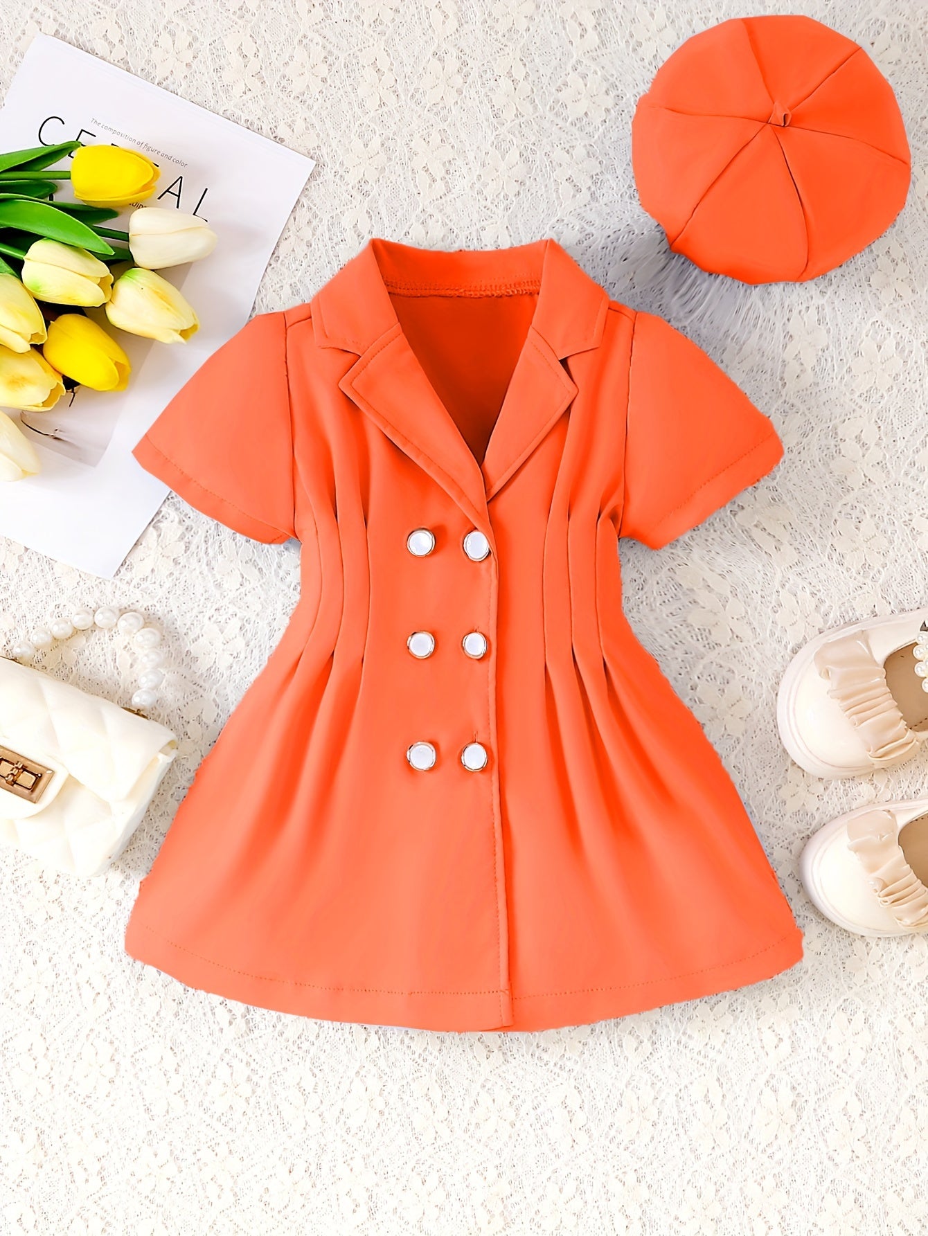 2pcs Baby Girls Short Sleeve Tunic Dress & Beret Set