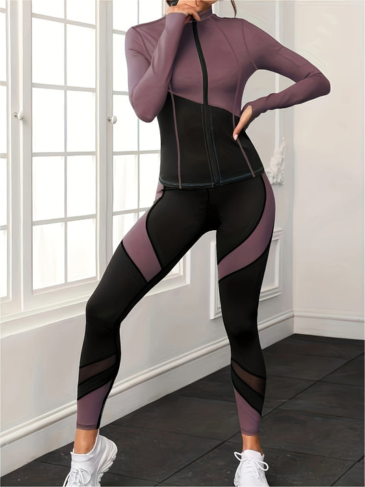 Yoga Set Contrast Long Sleeves Zip Up Slim Fit Tops & Seamless High Elastic Yoga