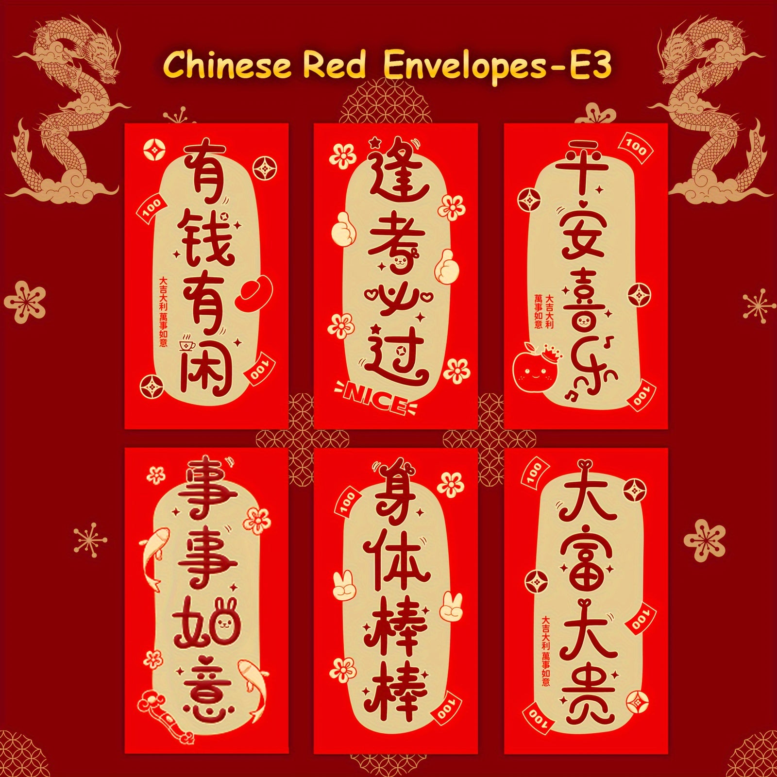6pcs Red Envelopes 3D Embossing Year Packet Hot Stamping