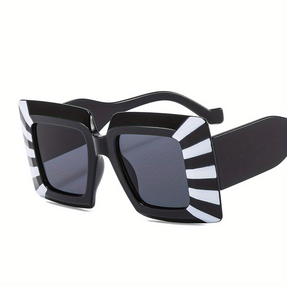 Oversized Square Frame Sunglasses Block Striped Glasses Wide Temple UV400