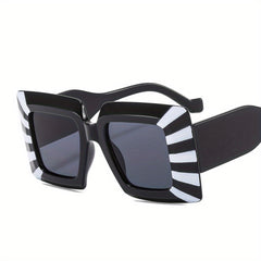 Oversized Square Frame Sunglasses Block Striped Glasses Wide Temple UV400