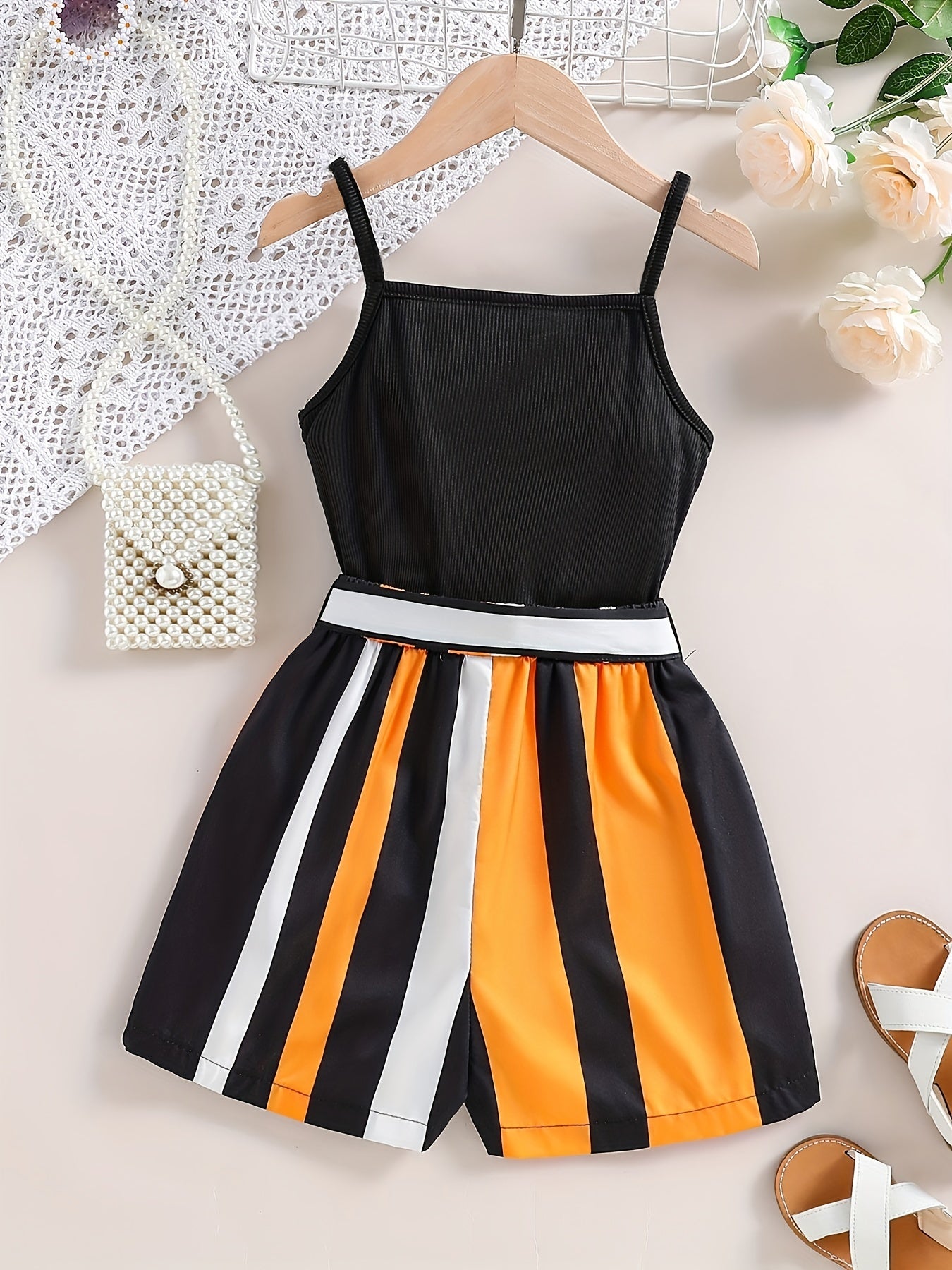 Girls Striped Spaghetti Strap Cami Romper Summer