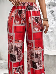  Patchwork Print Boho Pants High Rise Loose Fit Straight Leg Trousers