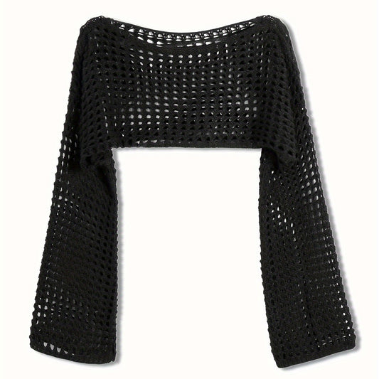  Casual Sweater Women Solid Hollow Bell Sleeve Crop Jumper